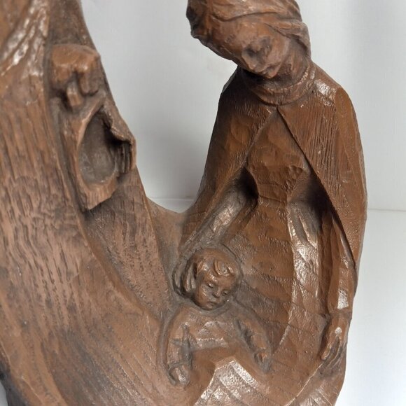 Holy Family Religious Woodgrain Statuette Vintage Resin Dk. Mid Century 1960s - Picture 3 of 9